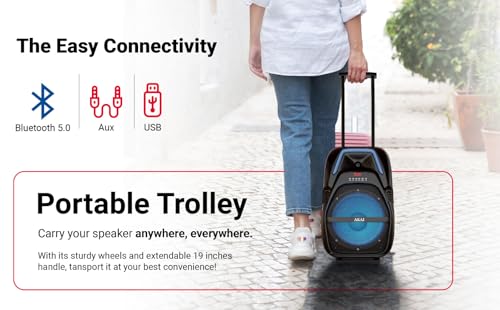 Image of AKAI PartyMate 60W Portable Bluetooth Trolley Party Speaker with Remote - 1 Year Warranty, Inbuilt 4000mAh Battery Karaoke System Outdoor Speaker, Wireless Mic, AUX, USB, 8 inch Driver (PM-60T)