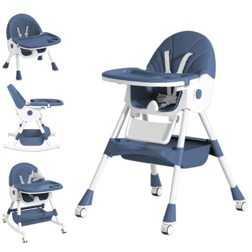Image of Baby High Chair, 5 in 1 High Chairs for Babies and Toddlers, Travel Foldable High Chair with Foot Rest, Detachable PU Cushion, Double Removable Tray, Adjustable Height (Navy Blue, Solid)