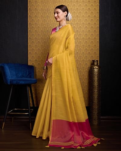 Image of SWORNOF Women's Linen Cotton Silk Saree with Unstitched Blouse Piece | Saree for Women | Saree with Blouse Piece | Soft and Skin Friendly