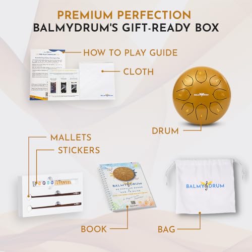 The Balmy Drum - 8 Note 6 Inch Steel Tongue Drum, Steel Drum Instrument, Drums For Children and Adults, Balmy Drum Set for Kids with Music Book, Handpan, Mallet and Carry Bag (Gold)