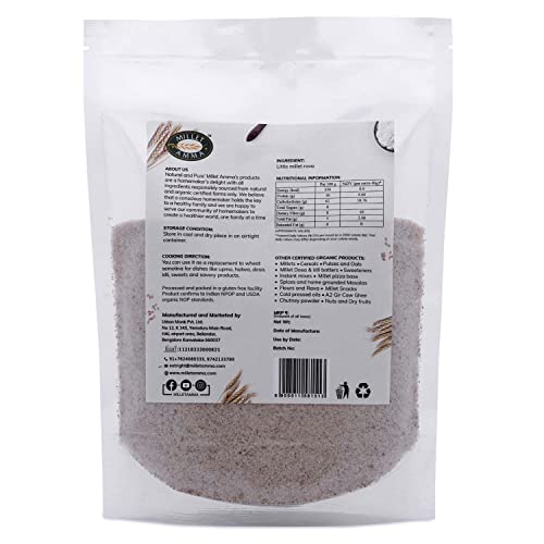 Image of Millet Amma CERTIFIED ORGANIC Little Millet Rava | 1kg (Pack of 1) | Stone Ground | Made with Unpolished Grains ( Kutki | Samai | Same | Samalu ) | Suitable for Multiple Millet Recipes | 100% Vegan & Gluten Free | Rice in Proteins