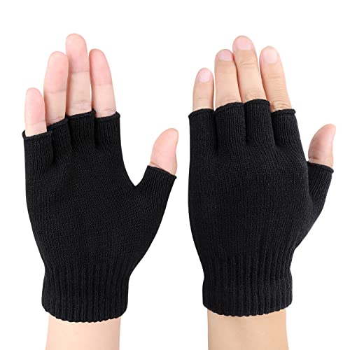 Black Fingerless Knitted Gloves for Men Women & Kids - Thermal Winter Half Finger Gloves One Size (Black)