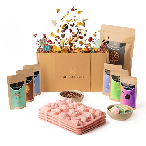Pure Xocolate Schokolade selber machen Kreativset für 4 Kinder inkl. 400g Schokolade 6 bunte Toppings & Silikonform Kindergeburtstag drinnen DIY Set (Volle Größe Einhorn-Silikonform)