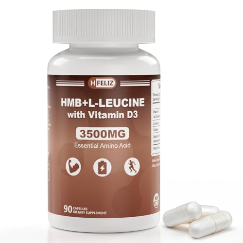 HFELIZ HMB and Leucine Supplement 3500mg L-Leucine HMB with Vitamin D3 Amino Acid BCAA for Men Vegan Gluten Free 90 Capsules