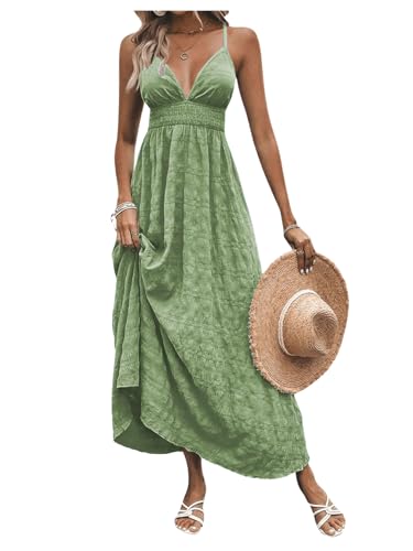 Image of Milumia Women's Summer V Neck Backless Maxi Dress Boho Spaghetti Strap A Line Flowy Beach Long Sundress
