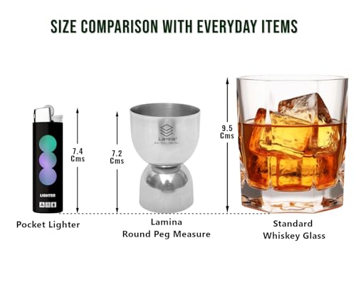 Image of Lamina Set of 2 Stainless Steel Damru Peg Measure (30 /60 ml, Silver) Double-Sided Round Cocktail Jigger for Home, Kitchen, Hotels & Professional Bartenders - Drink Measuring Bar Tool (with Box).