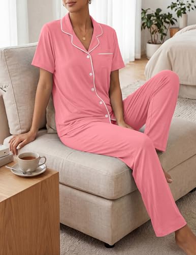 Image of ZMJ Womens Pajamas Sets 2 Piece Button Up Pj Sets Short Sleeve with Long Pant