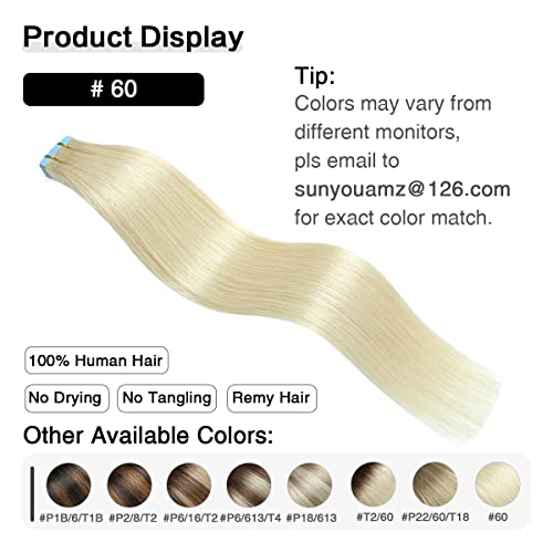 Image of SUYYA Tape In Hair Extensions Human Hair 14 Inch #60 Platinum Blonde