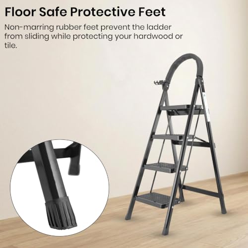 Image of Norman Jr Black 4 Step Ladder for Home Use with Built-in Tool Tray | Heavy Duty D Shape Rods | Ultra Large Platform | Wide Rubber Feet | 150Kg Capacity Foldable Ladder - 7 Years Warranty