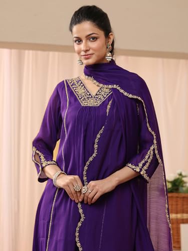 Image of Libas Embellished Silk Blend A Line Kurta With Trouser and Dupatta | ethnic wear | bridal suit | wedding dress | occasion wear