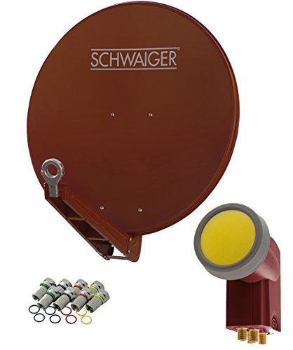 SCHWAIGER -4647- Sistema de satélite | Antena parabólica | 75 cm | Antena parabólica de Aluminio | LNB cuádruple | Digital | 4 participantes | 8 Conectores F | 7 mm | 75 x 80 cm | Rojo ladrillo