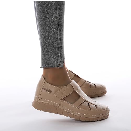 Sandales de marche femme en cuir avec semelle compensée ergonomique