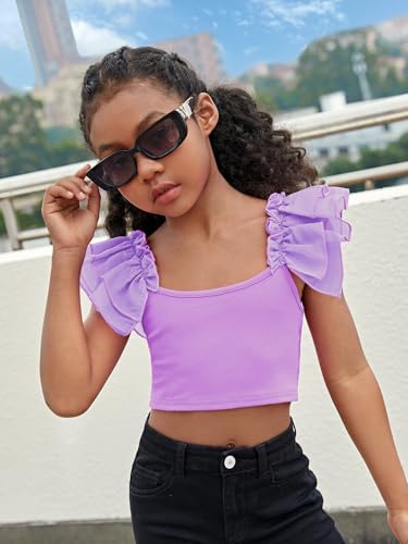 Image of WDIRARA Girl's Ruffle Trim Bow Back Tiered Layer Square Neck Wide Strap Slim Fit Crop Cami Top