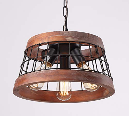 15.7" Wood Truncated Cone Shape Pendant 3-Lamp Light Fixture with Metal Wire Cage Black Finished Rustic Vintage Industrial Edison
