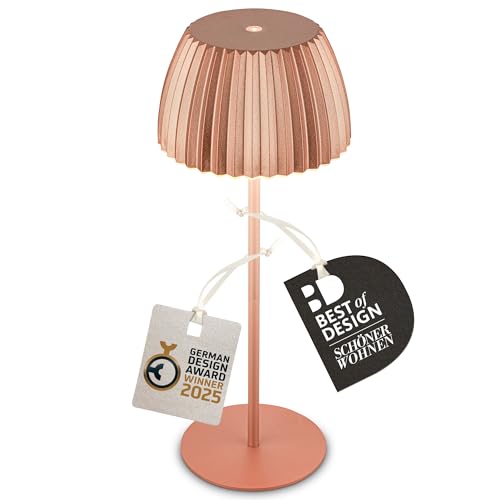 BRILONER - Riffle LED Tischlampe kabellos IP44 mit Lichtkante, Touchdimmer, Akku tauschbar, Nachttischlampe, Leselampe, LED Lampe, Akku Lampe, German Design Award Winner, 14,5x36,5cm, Kupferfarbig