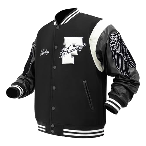 Mens Varsity Jacket Black Bomber Casual Baseball Outerwear Streetwear Coat Activewear Jackets with Wing Embroidery