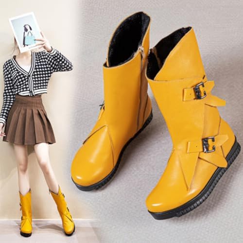 Women's Genuine Leather Side Zipper Flat Mid-Calf Boot Comfort Soft Sole Wide Round Toe Fur Lined Warm Winter Boots Fashion Double Belt Buckle Decoration Non-Slip Lug Flat Boots4