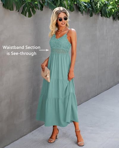 Image of Dokuritu Women's Beach Crochet Lace Maxi Dress Solid Color Summer Vacation Wedding Guest Spaghetti Strap Long Dress