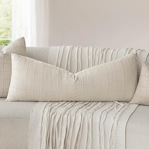 Image of Foindtower Set of 1 Decorative Linen Check Throw Pillow Cover Neutral Long Body Lumbar Cushion Cover Farmhouse Vintage Home Decor for Sofa Chair Couch Bedroom Living Room,14x36 Inch,Natural Beige