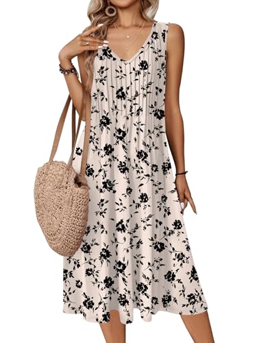 Image of Zeagoo Women Summer Casual Dresses 2026 Sleeveless Midi Pleated Tank Sundress with Pockets V Neck A Line Swing Tshirt Dress
