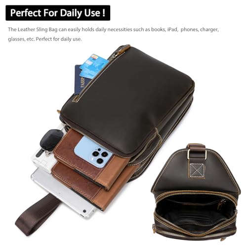LANNSYNE Full Grain Leather Sling Bag, Leather Crossbody Bag For Men Fits 10.5" iPad2