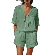 Hvyesh Linen Shorts Sets Women 2 Piece V Neck Breathable Loose Fit Outfits Summer Lounge Sets for...