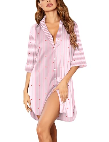 Image of Ekouaer Women's Satin Nightshirt Button Down Sleepshirt Silk 3 /4 Sleeve Nightgown Boyfriend Notch Collar Sleepwear S-3XL