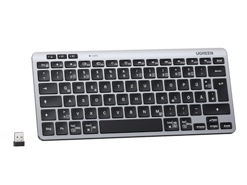 UGREEN Bluetooth Tastatur Kabellos (BT5.3+2.4G), Schlanke Scherenmechanik für Leises Tippen, Bis zu 500 Tage Akkulaufzeit, Kompatibel mit Windows/macOS/Android, Tragbare Mini Tastatur-QWERTZ Layout