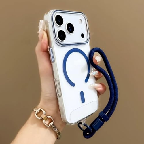 Étui transparent iPhone 13 Pro avec dragonne et coque de charge magnétique bleue