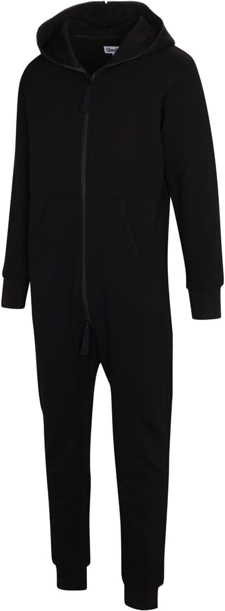 Woodies Black Onesie for Adults, Lounge Style Non-Footed Onesie Pajamas with Hoodie for Women and Men, Unisex Half Zipper PJs - Image 4