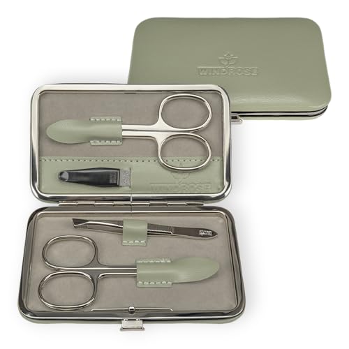 Set de manucure WINDROSE Merino en cuir vert sauge pour des ongles parfaits