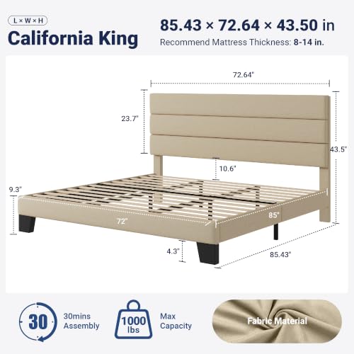Image of Allewie Cal King Size Platform Bed Frame with Fabric Upholstered Headboard