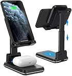 Wireless Charging Phone Stand, 2 in 1 Foldable Desktop Cell Phone Tablet Stand,10W Max Qi-Enabled Wireless Charging Multi-Angle Adjustable Metal Phone Holder Compatible for iPhone 13/12/11//Pro/XR/XS/8,AirPods.