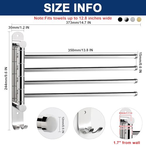 NearMoon Swivel Towel Rack, 13.8" Thicken 304 Stainless Steel 4-Arm Towel Bar, Space Saving Wall Mounted Towel Holder with Hook, Rustproof Swing Out Towel Hanger for Bathroom, Kitchen (Chrome Finish) by NearMoon - Image 2
