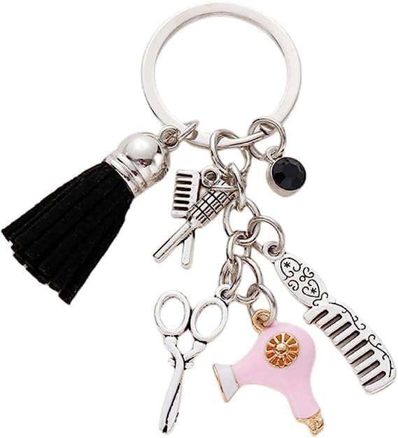 tenghong2021 Cute Hairdresser Comb Scissors Hair Dryer Keychain Tassel Black Diamond Charm Gift Hair Stylist Jewelry image 4