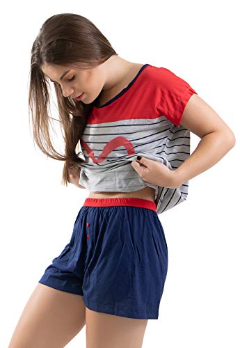 Pijama Curto Listrado Estampado Coração Feminino Baby Doll (G)