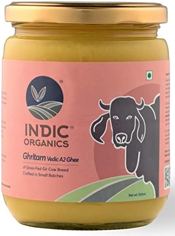 Indic Organics Gir Cow's A2 Ghee | Free Grass Grazing Healthy Gir Cow's Bilona Ghee | Traditional Curd Churned Cultured Ghee | Indian Origin (16.9 Fl Oz (500ml))