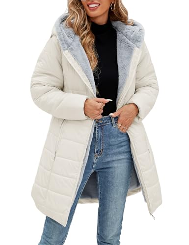 CMTOP Chaqueta Mujer Invierno Cálido Abrigo Acolchado Mujer Forro Polar Chaqueta Cremallera Largo con Capucha Termico Abrigo Casual Elegante Cazadora Hoodie Parka con Bolsillos(Beige,L)