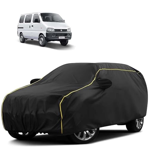 Image of Sulfar 100% Water Resistant Car Body Cover Compatible with Mirror for Maruti Suzuki Eeco (Triple Stitched, Full Bottom Elastic, Black Tafetta with Yellow Piping)