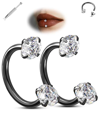 Jewseen 2PCS Horseshoe Septum Piercing Jewelry 16G 316L Surgical Steel Lip Ring Double Cubic Zirconia Horseshoe Earring Internally Threaded Helix/Daith/Tragus Piercing Jewelry for Women