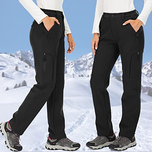 Women's Snow Hiking Ski Waterproof Fleece Lined Cargo Pants Softshell Winter Warm Pants With Zipper Pockets,H4409,Black,34 #TOP4