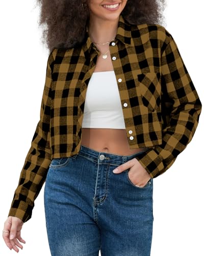 Image of SANGTREE Women and Girls Long Sleeve Flannel Casual Button Down Plaid Shirt