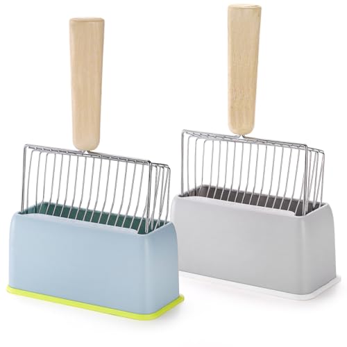 Image of Hiceeden 2 Pack Fast Sifting Cat Litter Scoop with Stand, Metal Kitty Litter Scoop Holder with Wooden Handle, Easy Clean Cat Poop Scooper for Kitten Litter Box, Gray and Blue