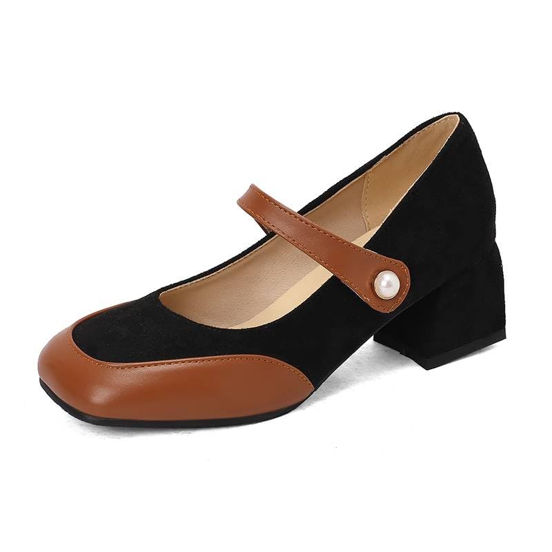 Women Vintage Mary Jane Pumps Square Toe Block Heels with Color Block2