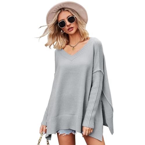Women's Fall Oversized Sweaters Long Sleeve V Neck Solid Color