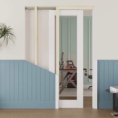 Image of 24 inch x 80 inch Clear Glass Pocket Door, Soft-Close Sliding Pocket Door with Frame & Hardware Kit Set, Primed All-Inclusive Interior Door Slab for Home, White, Need to Assemble