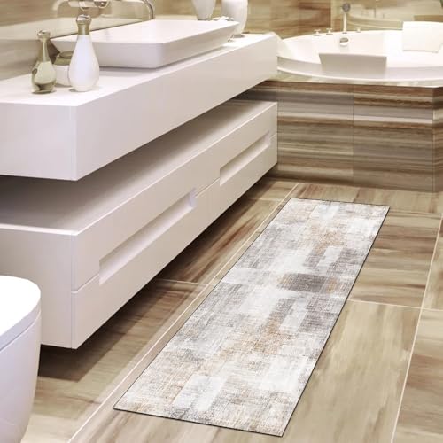 Alfombra de pasillo gris y beige lavable de 70 x 200 cm con base antideslizante para cocina 4