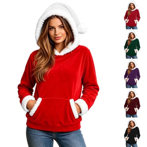TRCELECTROP Christmas Sweatshirts for Women 2026 Long Sleeves Fleece Santa Hoodies Xmas Hooded Sweatshirt with Christmas Hat Watermelon Red - image 1