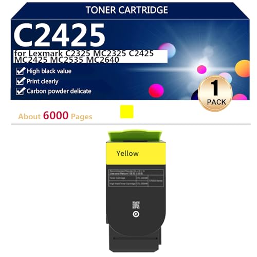 (4 Pack) C2425 Toner Cartridges Extra High Yield for Lexmark C2325 MC2325 C2425 MC2425 MC2535 MC2640 Printers, High-Volume Printing Sharp Prints, 6000 Pages,Yellow-1 pack