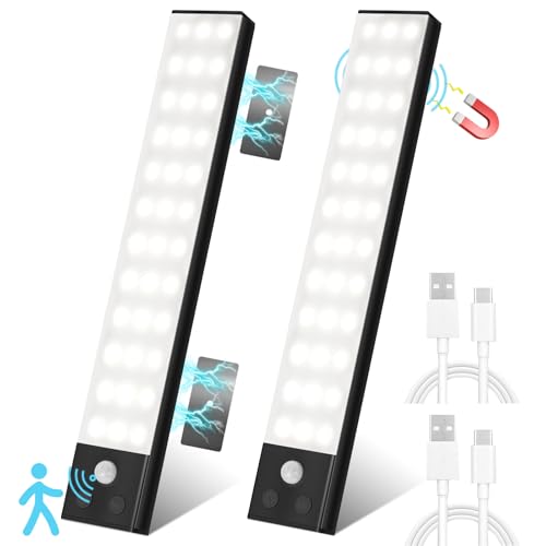 Suprbee Luz LED Armario con Sensor Movimiento, 2 Piezas 1500mAh USB Recargable Luz Nocturna regulable de iluminación Lampara LED Magnética para Armario, Gabinete, Pasillo, Escaleras, Cocina - 22.5CM